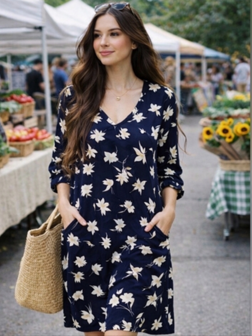 GAP Navy Floral Dress Sz M  Cottagecore Casual Chic Knee Length Lightweight Dres